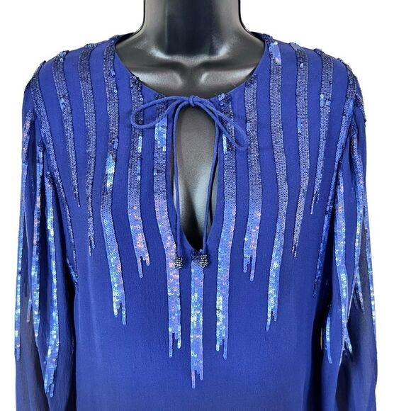 Frederika May Royal Blue Sequined Silk Long Sleeve Blouse - Picture 2 of 11